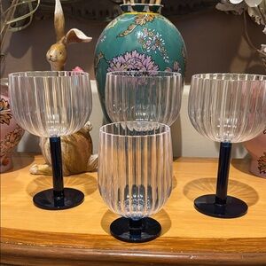 Anthropologie (4) Acrylic Clear and Blue Stemmed Glasses
